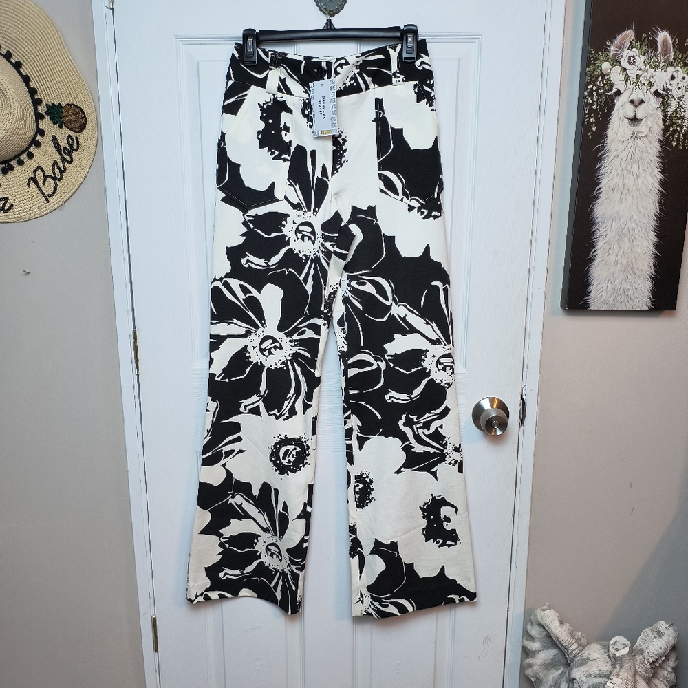 LuLaRoe XS EMERY Wide Leg Work Pant Black White Floral